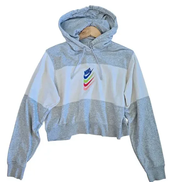 Nike NSW DNA Stacked Rainbow Swoosh Cropped Hoodie Gray White Womens M - Picture 1 of 7